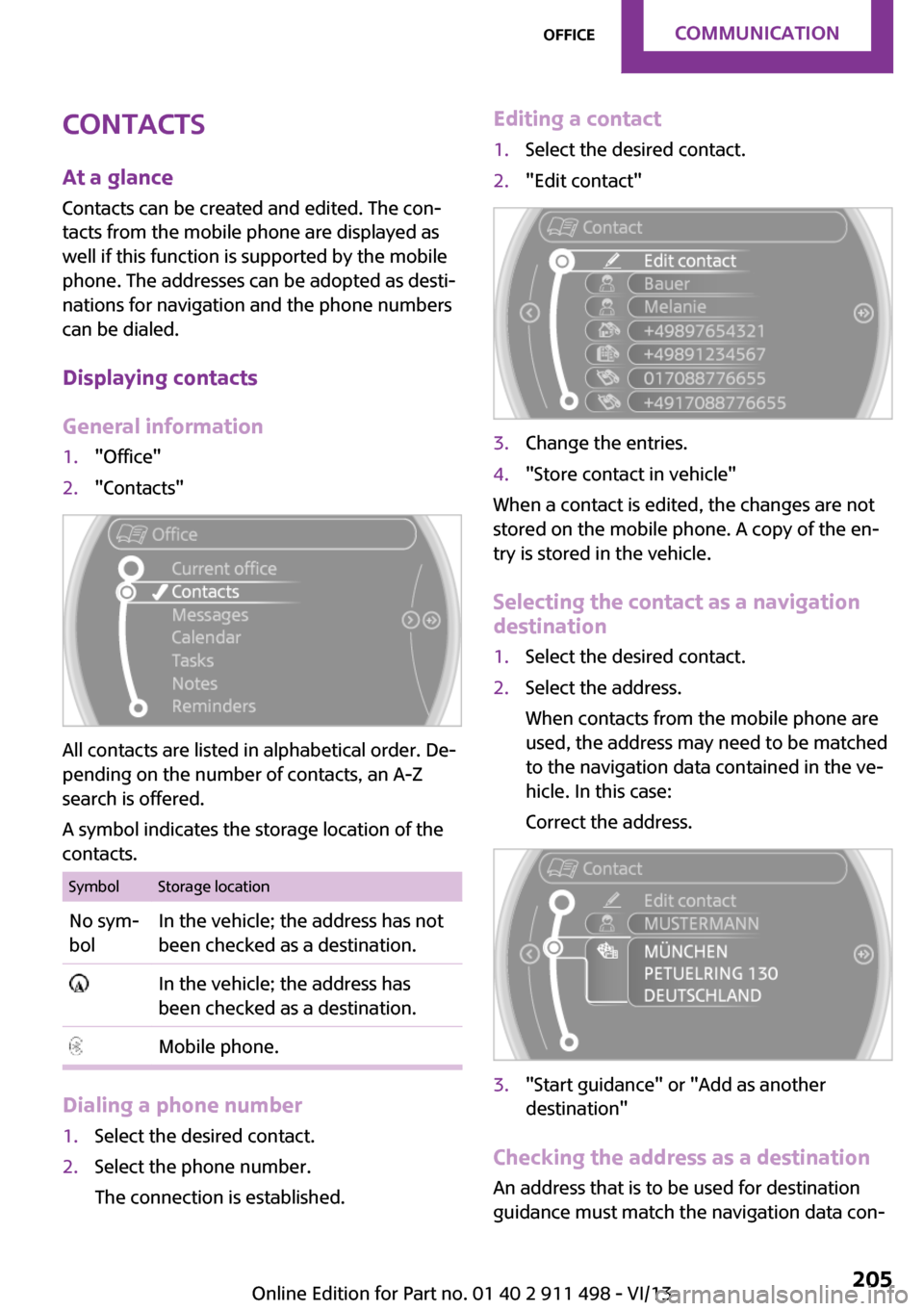 MINI Coupe 2014  Owners Manual (Mini Connected) Contacts
At a glance Contacts can be created and edited. The con‐
tacts from the mobile phone are displayed as
well if this function is supported by the mobile
phone. The addresses can be adopted as