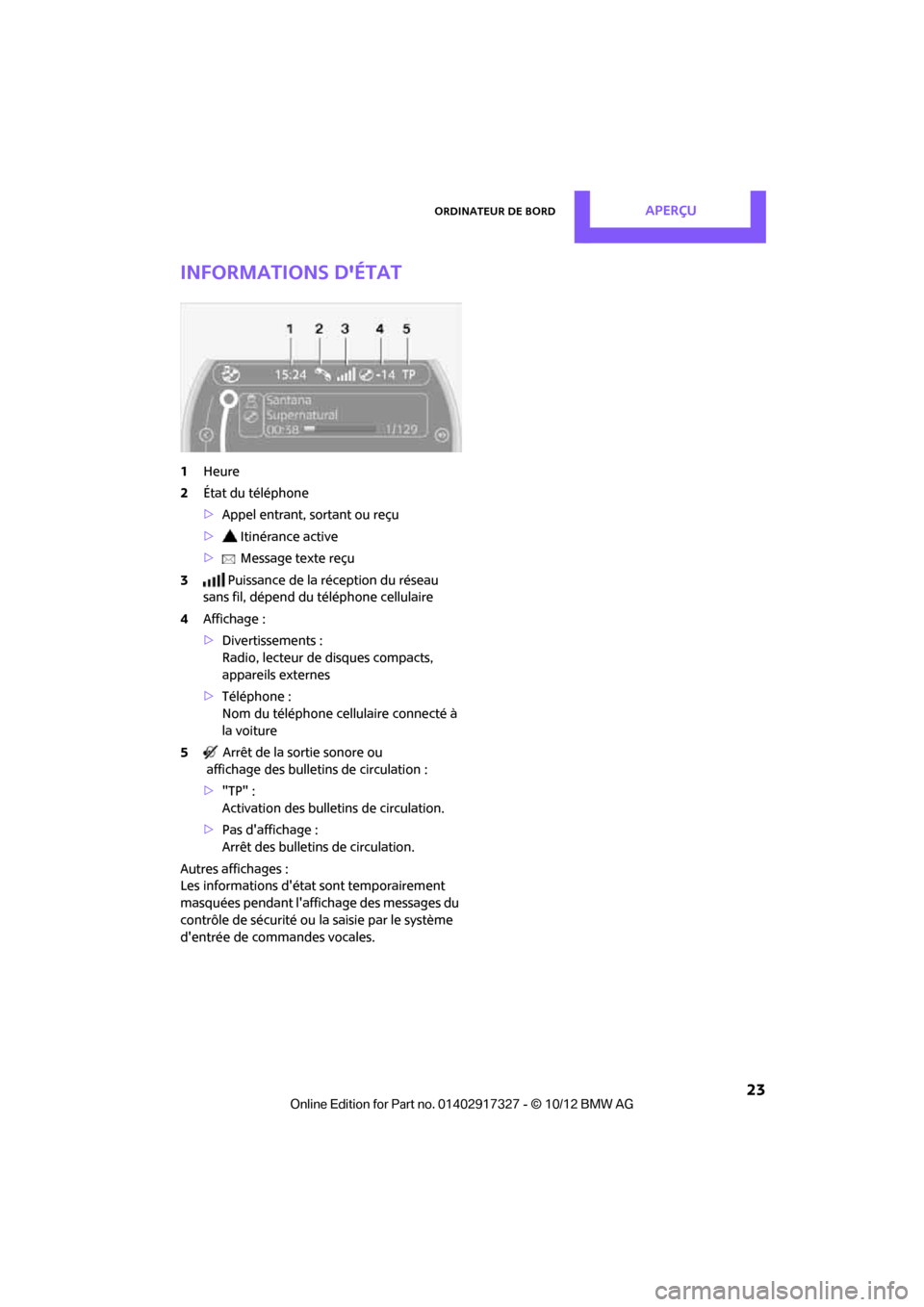 MINI Coupe 2012  Manuel du propriétaire (in French) Ordinateur de bordAperçu
 23
Informations détat
1Heure
2 État du téléphone
>Appel entrant, sortant ou reçu
> Itinérance active
> Message texte reçu
3 Puissance de la réception du réseau 
sa