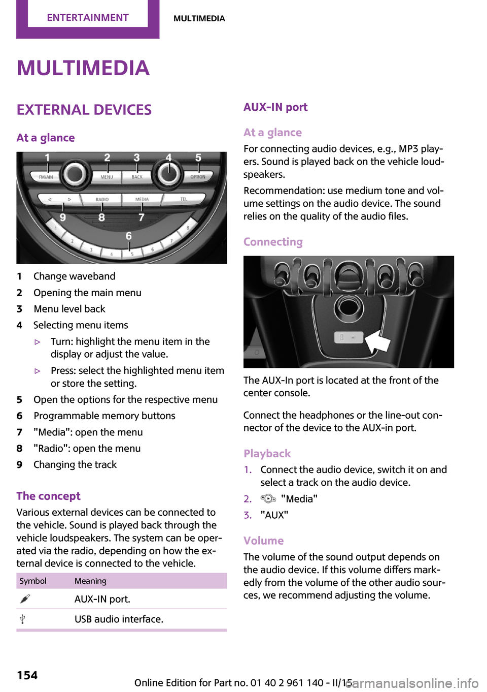 MINI Hardtop 2 Door 2015 Repair Manual MultimediaExternal devices
At a glance1Change waveband2Opening the main menu3Menu level back4Selecting menu items▷Turn: highlight the menu item in the
display or adjust the value.▷Press: select th MINI Hardtop 2 Door 2015 Repair Manual MultimediaExternal devices
At a glance1Change waveband2Opening the main menu3Menu level back4Selecting menu items▷Turn: highlight the menu item in the
display or adjust the value.▷Press: select th
