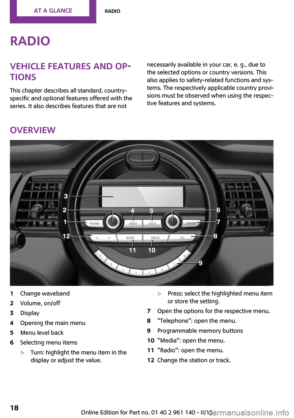 MINI Hardtop 2 Door 2015 Owners Manual RadioVehicle features and op‐
tions
This chapter describes all standard, country-
specific and optional features offered with the
series. It also describes features that are notnecessarily available MINI Hardtop 2 Door 2015 Owners Manual RadioVehicle features and op‐
tions
This chapter describes all standard, country-
specific and optional features offered with the
series. It also describes features that are notnecessarily available