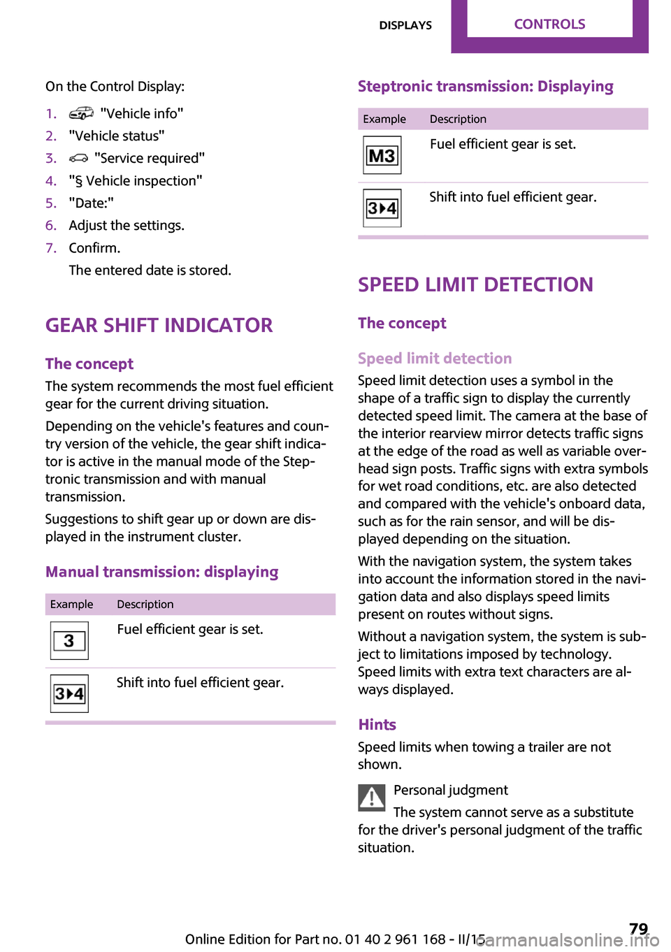 MINI Hardtop 2 Door 2015  Owners Manual (Mini Connected) On the Control Display:1.  "Vehicle info"2."Vehicle status"3.  "Service required"4."§ Vehicle inspection"5."Date:"6.Adjust the settings.7.Confirm.
The entered date is stored.
Gear shift indicator
The