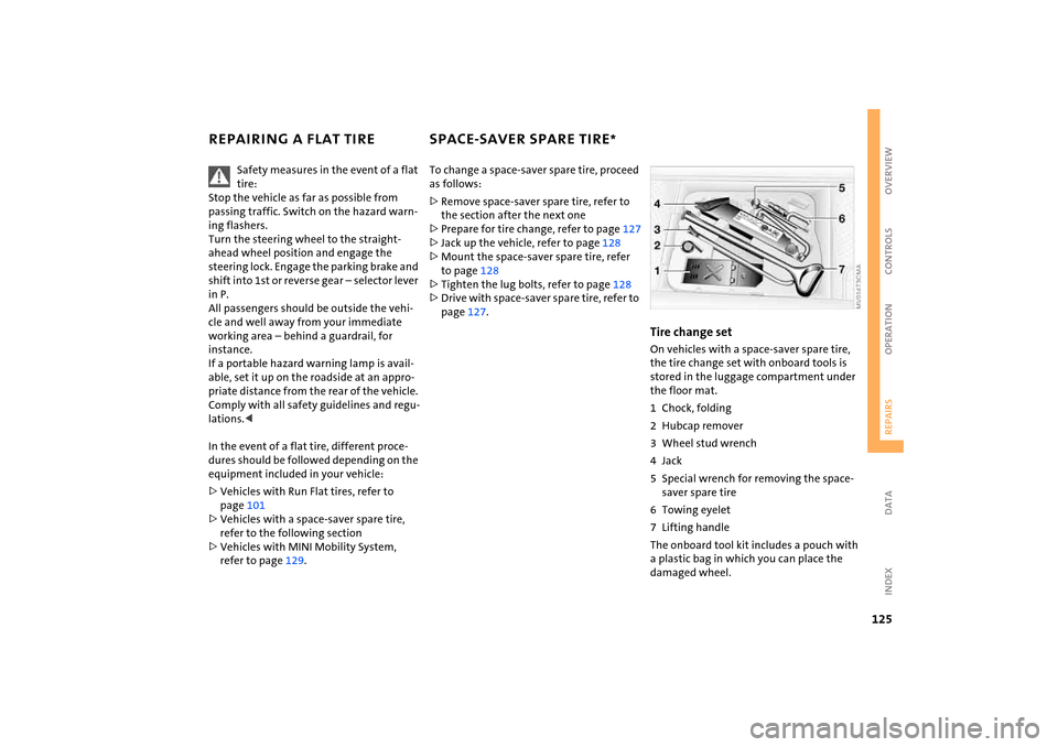 MINI Hardtop 2 Door 2005  Owners Manual 125
OVERVIEW REPAIRSOPERATION CONTROLS DATA INDEX
REPAIRING A FLAT TIRE 
SPACE-SAVER SPARE TIRE
* 
Safety measures in the event of a flat tire: 
 
Stop the vehicle as far as possible from 
passing tra