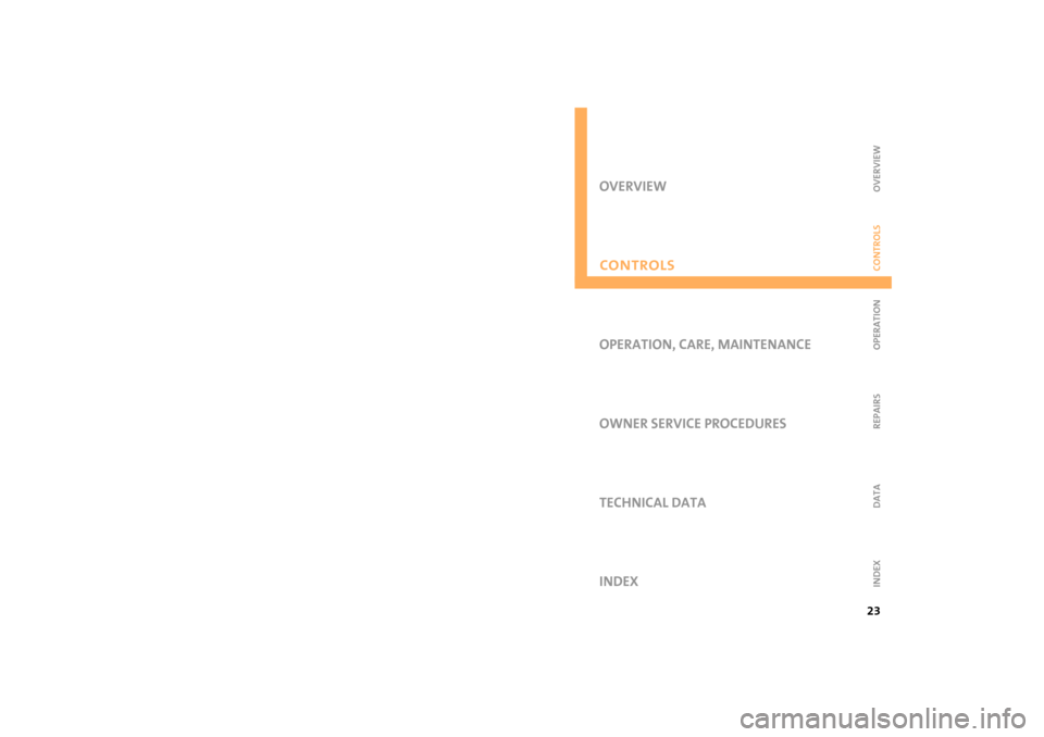 MINI Hardtop 2 Door 2005  Owners Manual OVERVIEW
CONTROLS
OPERATION, CARE, MAINTENANCE
OWNER SERVICE PROCEDURES
INDEX TECHNICAL DATA
23
OVERVIEW REPAIRS OPERATIONCONTROLS DATA INDEX
Controls 