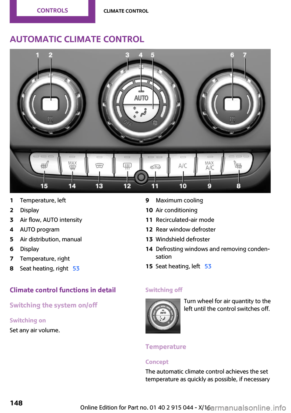 MINI Hardtop 4 Door 2017  Owners Manual �A�u�t�o�m�a�t�i�c��c�l�i�m�a�t�e��c�o�n�t�r�o�l�1�T�e�m�p�e�r�a�t�u�r�e�,� �l�e�f�t�2�D�i�s�p�l�a�y�3�A�i�r� �f�l�o�w�,� �A�U�T�O� �i�n�t�e�n�s�i�t�y�4�A�U�T�O� �p�r�o�g�r�a�m�5�A�i�r� �d�i�s�t�r�i