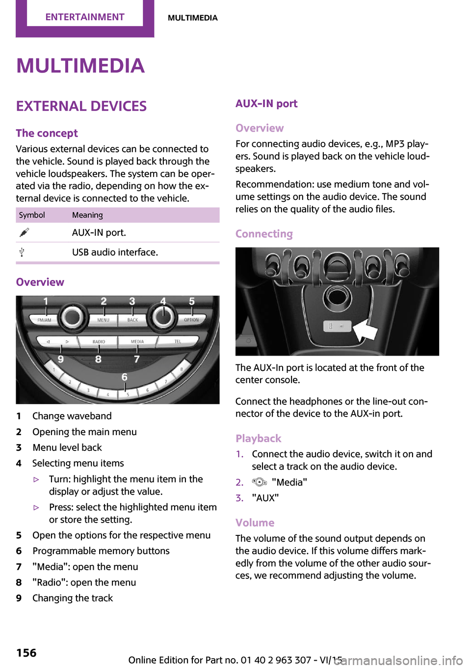 MINI Hardtop 4 Door 2016 Owners Manual MultimediaExternal devices
The concept Various external devices can be connected to
the vehicle. Sound is played back through the
vehicle loudspeakers. The system can be oper‐
ated via the radio, de MINI Hardtop 4 Door 2016 Owners Manual MultimediaExternal devices
The concept Various external devices can be connected to
the vehicle. Sound is played back through the
vehicle loudspeakers. The system can be oper‐
ated via the radio, de