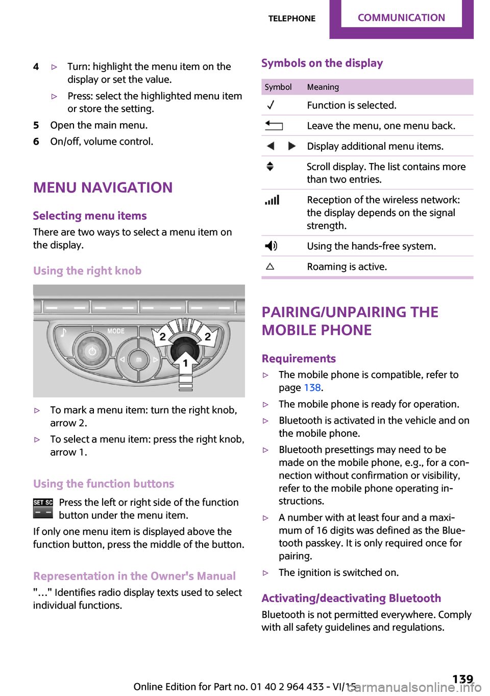 MINI Paceman 2016 Owners Manual (Mini Connected) 4▷Turn: highlight the menu item on the
display or set the value.▷Press: select the highlighted menu item
or store the setting.5Open the main menu.6On/off, volume control.
Menu navigation
Selecting MINI Paceman 2016 Owners Manual (Mini Connected) 4▷Turn: highlight the menu item on the
display or set the value.▷Press: select the highlighted menu item
or store the setting.5Open the main menu.6On/off, volume control.
Menu navigation
Selecting