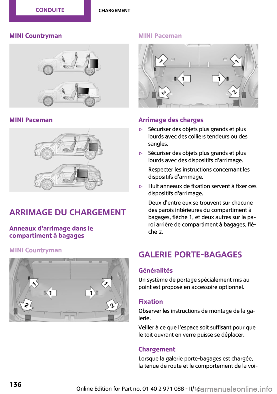 MINI Paceman 2016  Manuel du propriétaire (in French) �M�I�N�I��C�o�u�n�t�r�y�m�a�n
�M�I�N�I��P�a�c�e�m�a�n
�A�r�r�i�m�a�g�e��d�u��c�h�a�r�g�e�m�e�n�t�A�n�n�e�a�u�x��d��a�r�r�i�m�a�g�e��d�a�n�s��l�e
�c�o�m�p�a�r�t�i�m�e�n�t��