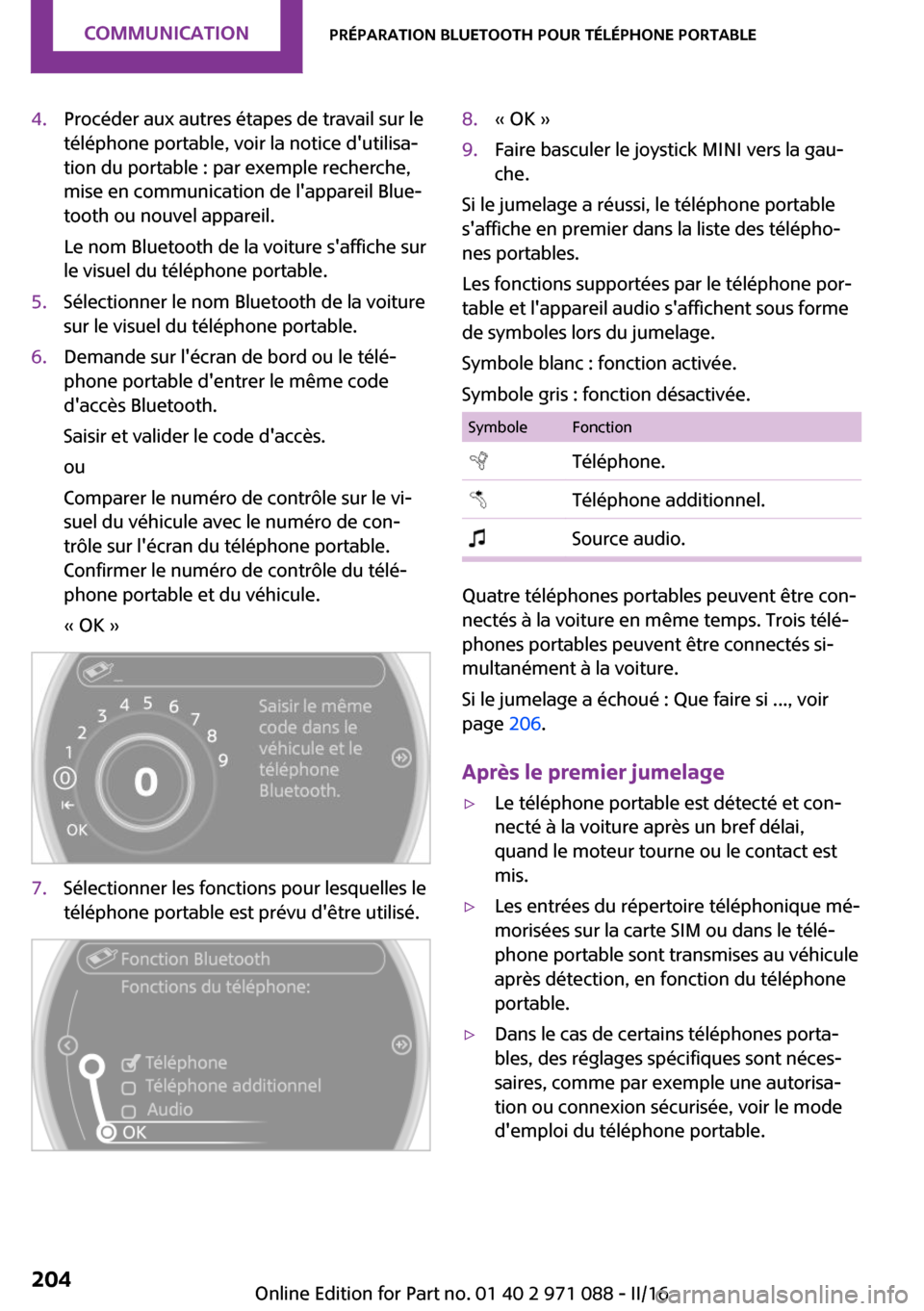 MINI Paceman 2016  Manuel du propriétaire (in French) �4�.�P�r�o�c�é�d�e�r� �a�u�x� �a�u�t�r�e�s� �é�t�a�p�e�s� �d�e� �t�r�a�v�a�i�l� �s�u�r� �l�e
�t�é�l�é�p�h�o�n�e� �p�o�r�t�a�b�l�e�,� �v�o�i�r� �l�a� �n�o�t�i�c�e� �d��u�t�i�l�i�s�a~
�t�i�o�n� �d