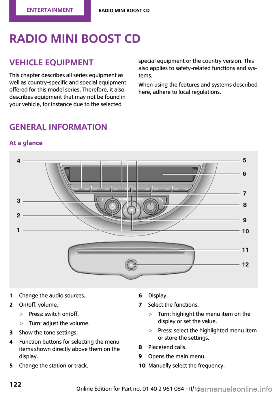 MINI Paceman 2015 User Guide Radio MINI Boost CDVehicle equipment
This chapter describes all series equipment as
well as country-specific and special equipment
offered for this model series. Therefore, it also
describes equipment MINI Paceman 2015 User Guide Radio MINI Boost CDVehicle equipment
This chapter describes all series equipment as
well as country-specific and special equipment
offered for this model series. Therefore, it also
describes equipment
