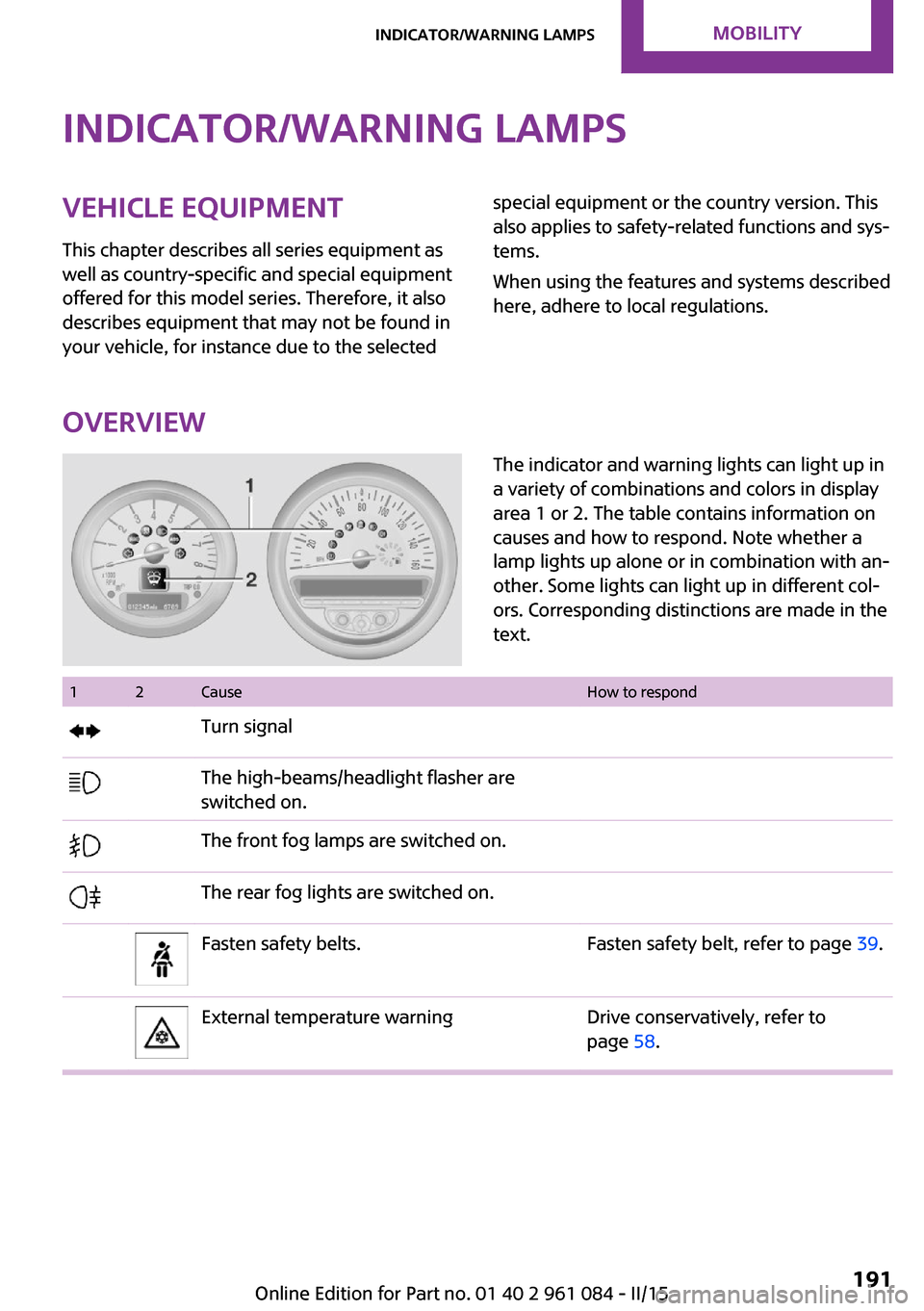 MINI Paceman 2015  Owners Manual Indicator/warning lampsVehicle equipment
This chapter describes all series equipment as
well as country-specific and special equipment
offered for this model series. Therefore, it also
describes equip