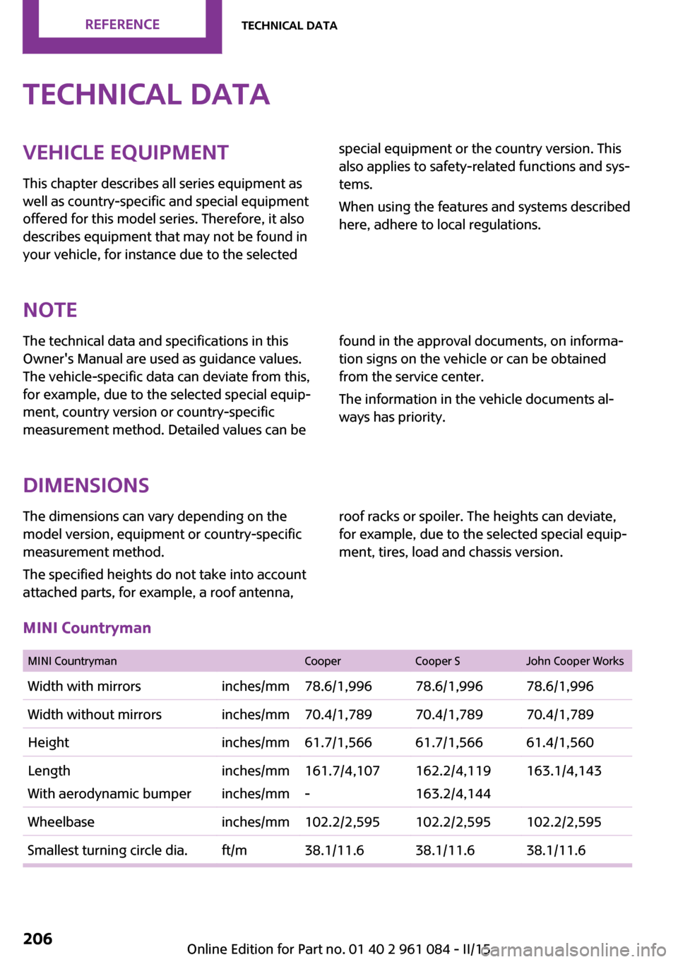 MINI Paceman 2015 Owners Manual Technical dataVehicle equipment
This chapter describes all series equipment as
well as country-specific and special equipment
offered for this model series. Therefore, it also
describes equipment that MINI Paceman 2015 Owners Manual Technical dataVehicle equipment
This chapter describes all series equipment as
well as country-specific and special equipment
offered for this model series. Therefore, it also
describes equipment that