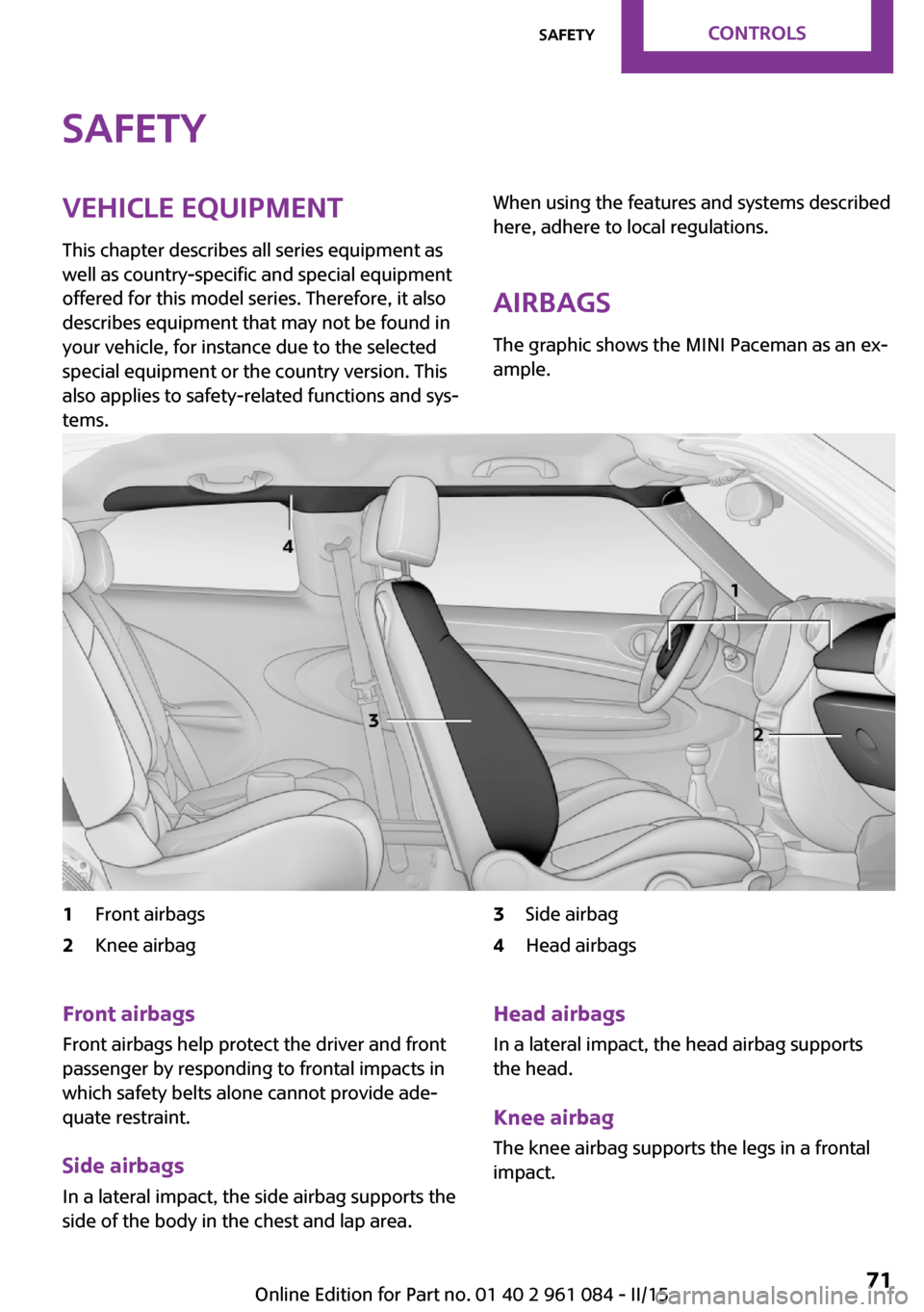 MINI Paceman 2015 User Guide SafetyVehicle equipment
This chapter describes all series equipment as
well as country-specific and special equipment
offered for this model series. Therefore, it also
describes equipment that may not MINI Paceman 2015 User Guide SafetyVehicle equipment
This chapter describes all series equipment as
well as country-specific and special equipment
offered for this model series. Therefore, it also
describes equipment that may not
