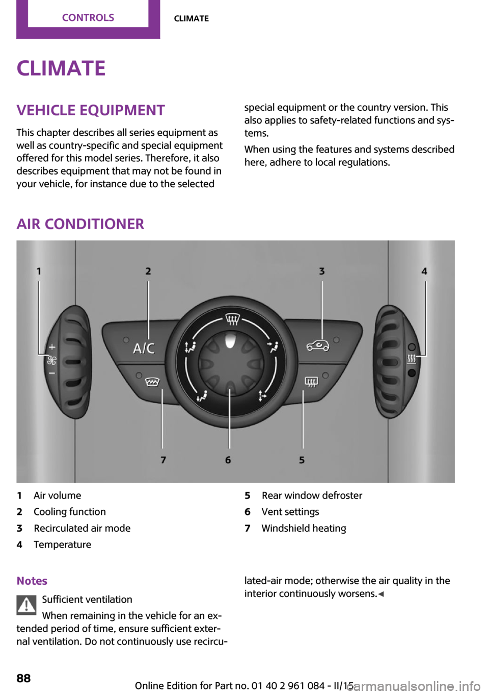 MINI Paceman 2015 Owners Manual ClimateVehicle equipment
This chapter describes all series equipment as
well as country-specific and special equipment
offered for this model series. Therefore, it also
describes equipment that may no MINI Paceman 2015 Owners Manual ClimateVehicle equipment
This chapter describes all series equipment as
well as country-specific and special equipment
offered for this model series. Therefore, it also
describes equipment that may no