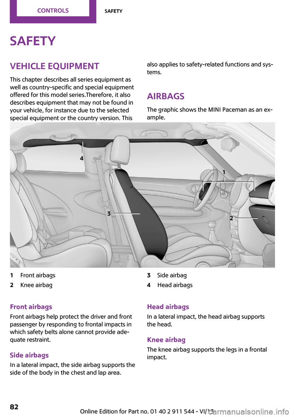 MINI Paceman 2014  Owners Manual (Mini Connected) SafetyVehicle equipment
This chapter describes all series equipment as
well as country-specific and special equipment
offered for this model series.Therefore, it also
describes equipment that may not 