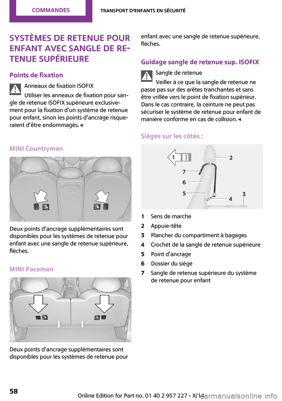 MINI Paceman 2014  Manuel du propriétaire (in French) Systèmes de retenue pour
enfant avec sangle de re‐
tenue supérieure
Points de fixation Anneaux de fixation ISOFIX
Utiliser les anneaux de fixation pour san‐
gle de retenue ISOFIX supérieure exc