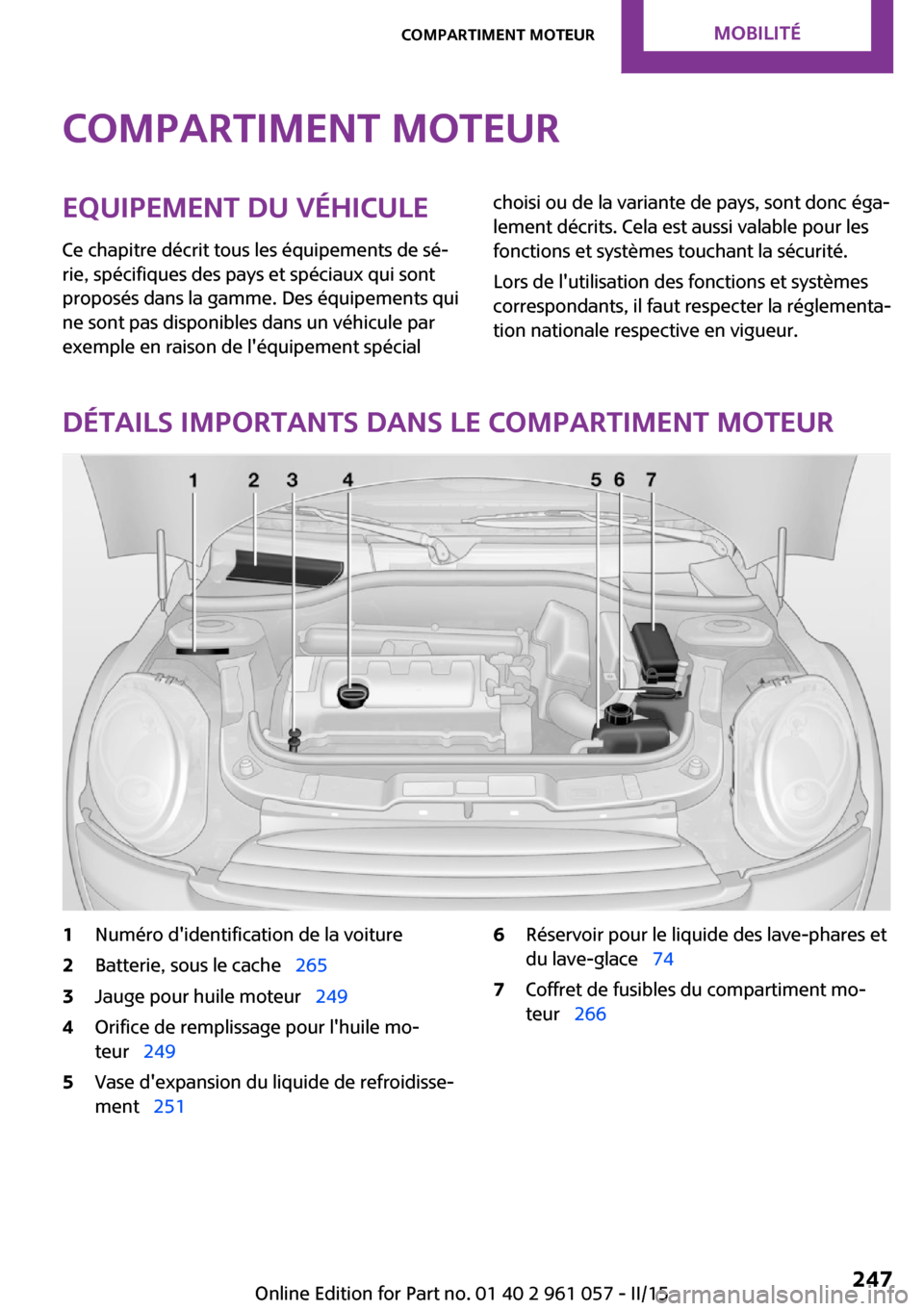 MINI Roadster 2015 Manuel du propriétaire (in French) Compartiment moteurEquipement du véhicule
Ce chapitre décrit tous les équipements de sé‐
rie, spécifiques des pays et spéciaux qui sont
proposés dans la gamme. Des équipements qui
ne sont pa MINI Roadster 2015 Manuel du propriétaire (in French) Compartiment moteurEquipement du véhicule
Ce chapitre décrit tous les équipements de sé‐
rie, spécifiques des pays et spéciaux qui sont
proposés dans la gamme. Des équipements qui
ne sont pa