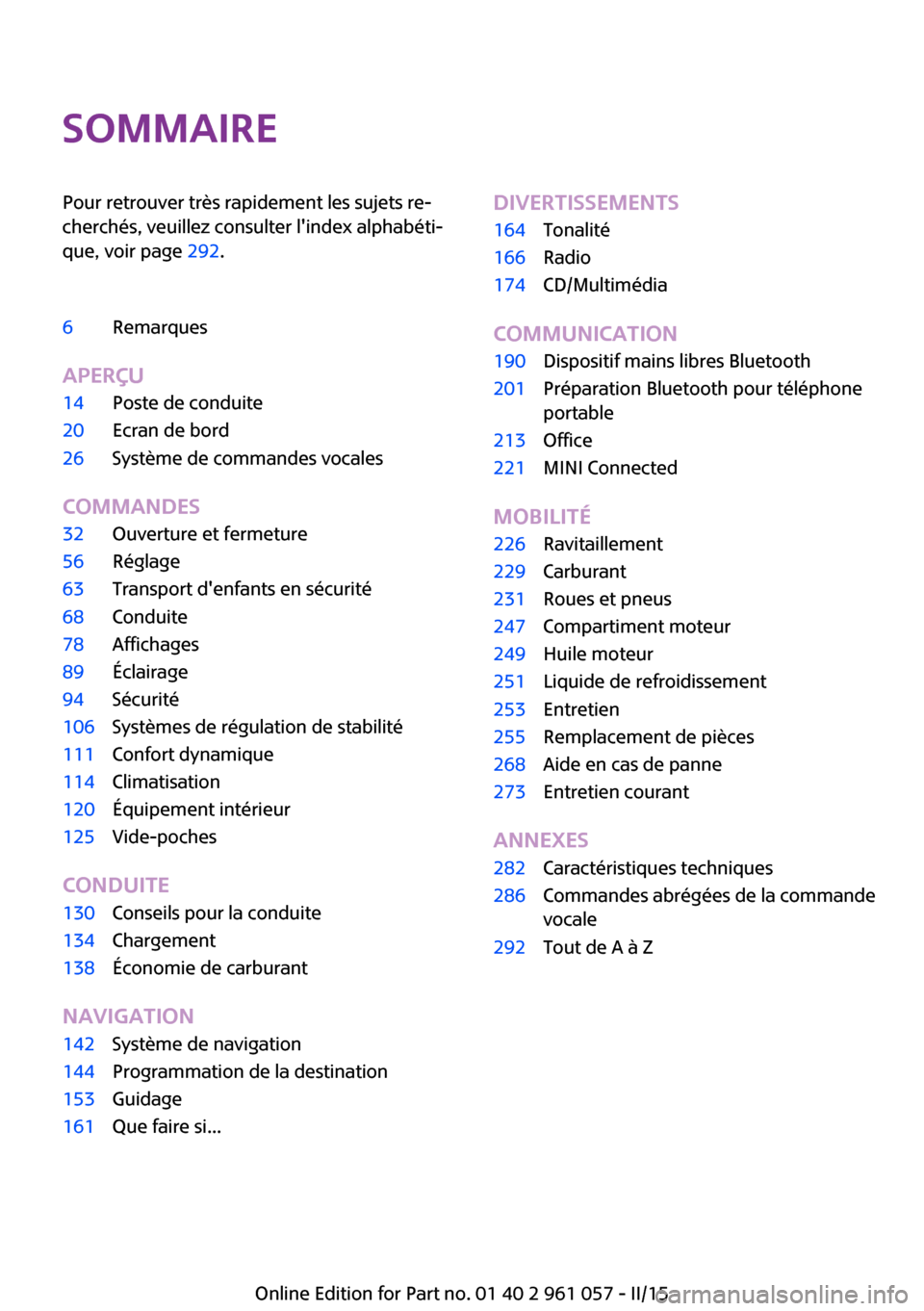 MINI Roadster 2015  Manuel du propriétaire (in French) SommairePour retrouver très rapidement les sujets re‐
cherchés, veuillez consulter lindex alphabéti‐
que, voir page  292.6Remarques
APERÇU
14Poste de conduite20Ecran de bord26Système de comm