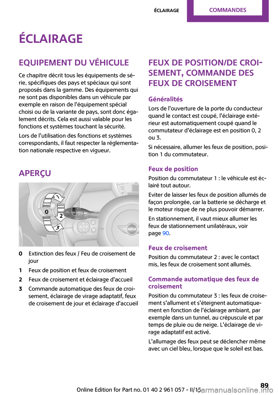 MINI Roadster 2015  Manuel du propriétaire (in French) ÉclairageEquipement du véhiculeCe chapitre décrit tous les équipements de sé‐
rie, spécifiques des pays et spéciaux qui sont
proposés dans la gamme. Des équipements qui
ne sont pas disponib