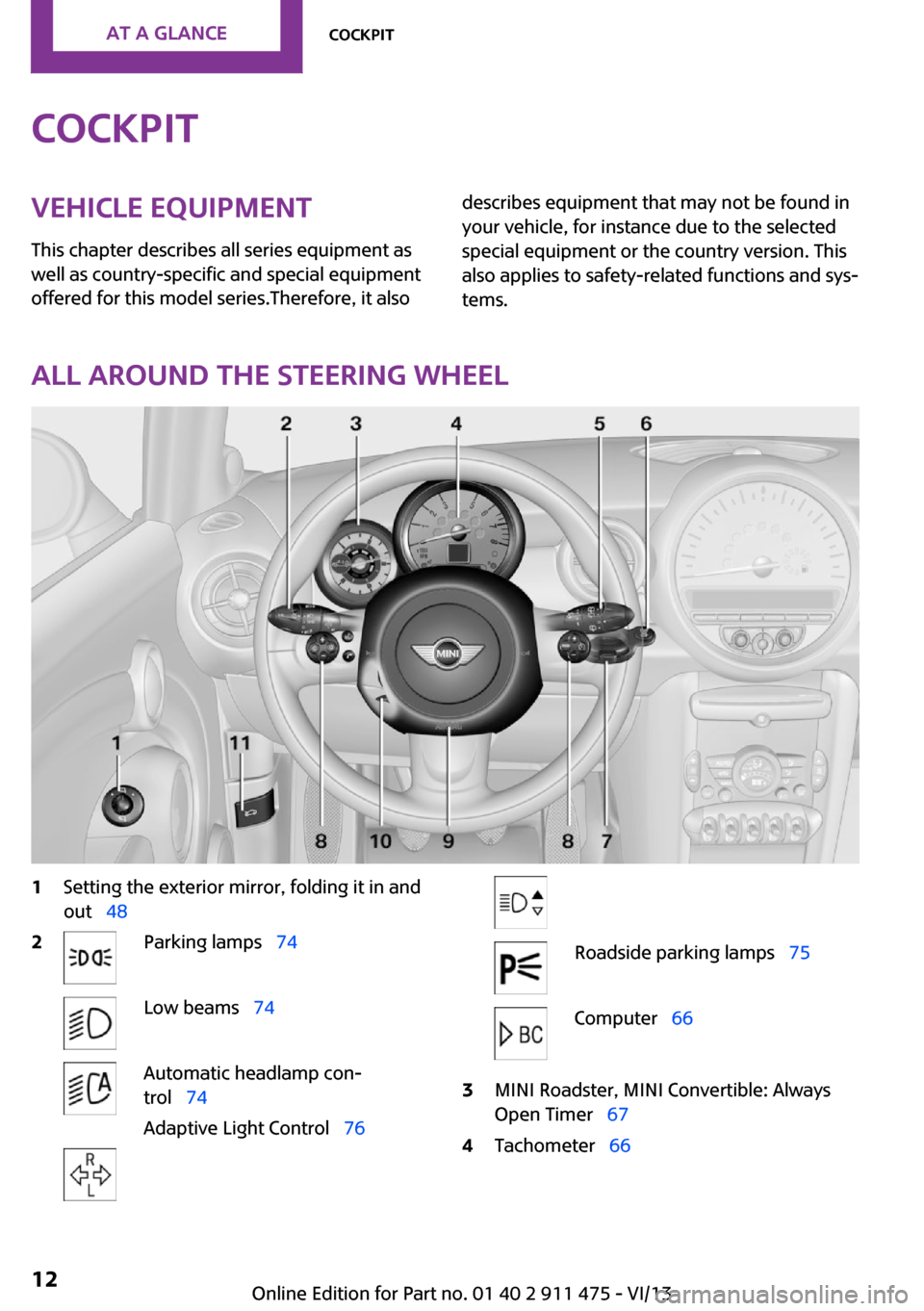 MINI Roadster 2014 Owners Manual CockpitVehicle equipment
This chapter describes all series equipment as
well as country-specific and special equipment
offered for this model series.Therefore, it alsodescribes equipment that may not MINI Roadster 2014 Owners Manual CockpitVehicle equipment
This chapter describes all series equipment as
well as country-specific and special equipment
offered for this model series.Therefore, it alsodescribes equipment that may not