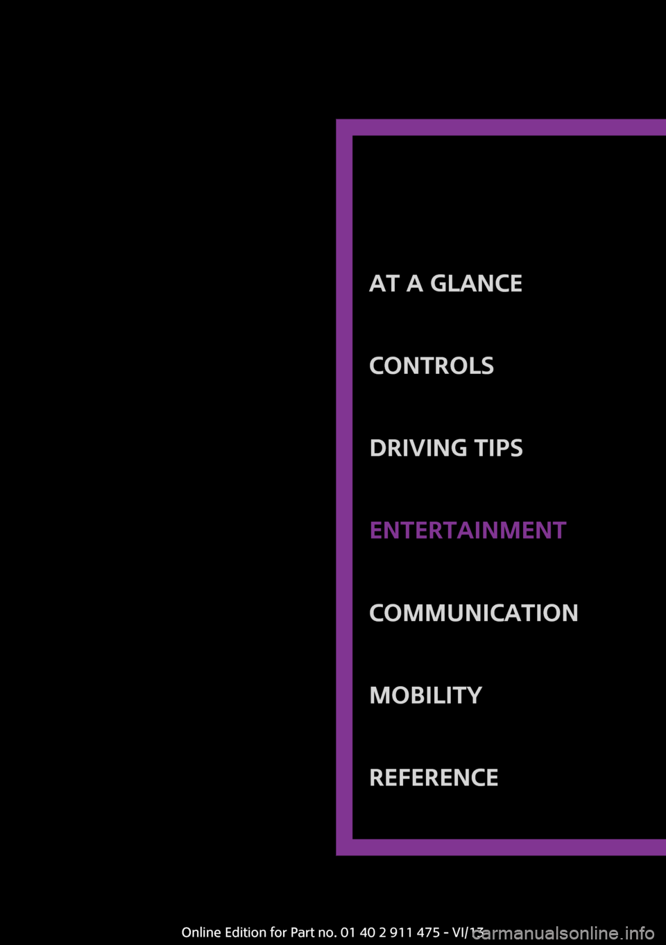 MINI Roadster 2014 Owners Manual At a glanceControlsDriving tipsEntertainmentCommunicationMobilityReferenceOnline Edition for Part no. 01 40 2 911 475 - VI/13 MINI Roadster 2014 Owners Manual At a glanceControlsDriving tipsEntertainmentCommunicationMobilityReferenceOnline Edition for Part no. 01 40 2 911 475 - VI/13