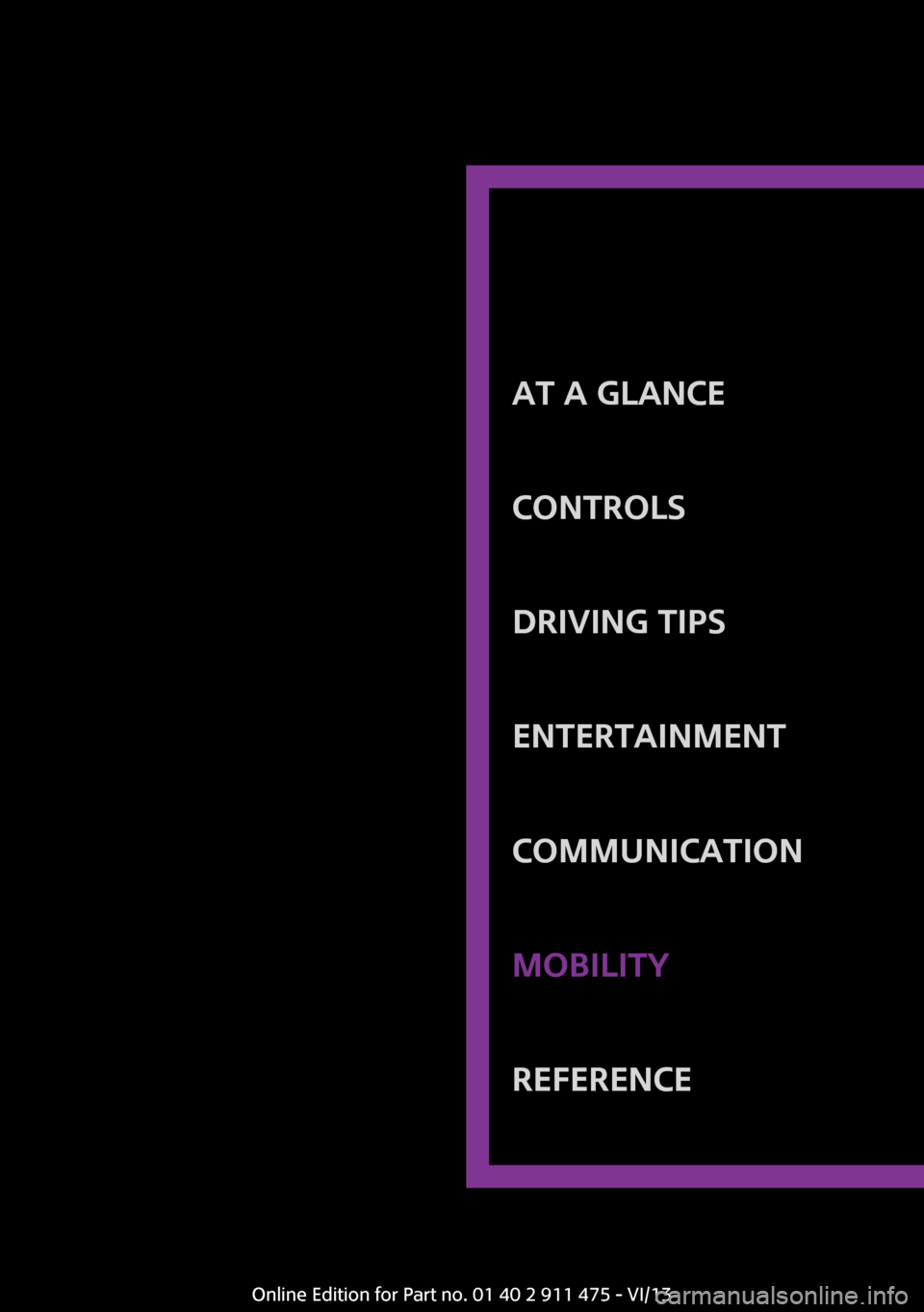 MINI Roadster 2014 Owners Manual At a glanceControlsDriving tipsEntertainmentCommunicationMobilityReferenceOnline Edition for Part no. 01 40 2 911 475 - VI/13 MINI Roadster 2014 Owners Manual At a glanceControlsDriving tipsEntertainmentCommunicationMobilityReferenceOnline Edition for Part no. 01 40 2 911 475 - VI/13