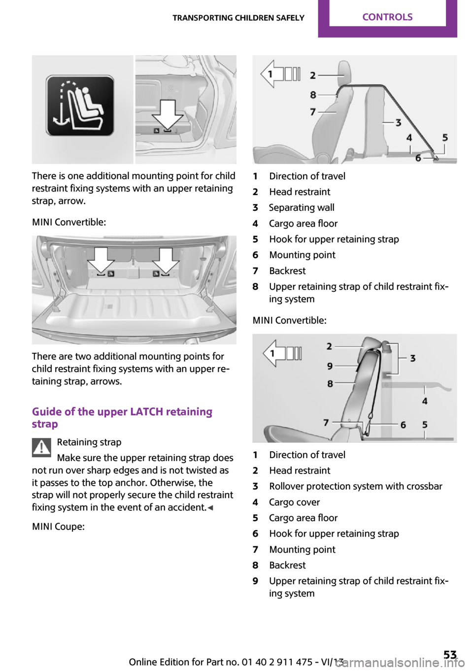MINI Roadster 2014 Workshop Manual There is one additional mounting point for child
restraint fixing systems with an upper retaining
strap, arrow.
MINI Convertible:
There are two additional mounting points for
child restraint fixing sy MINI Roadster 2014 Workshop Manual There is one additional mounting point for child
restraint fixing systems with an upper retaining
strap, arrow.
MINI Convertible:
There are two additional mounting points for
child restraint fixing sy
