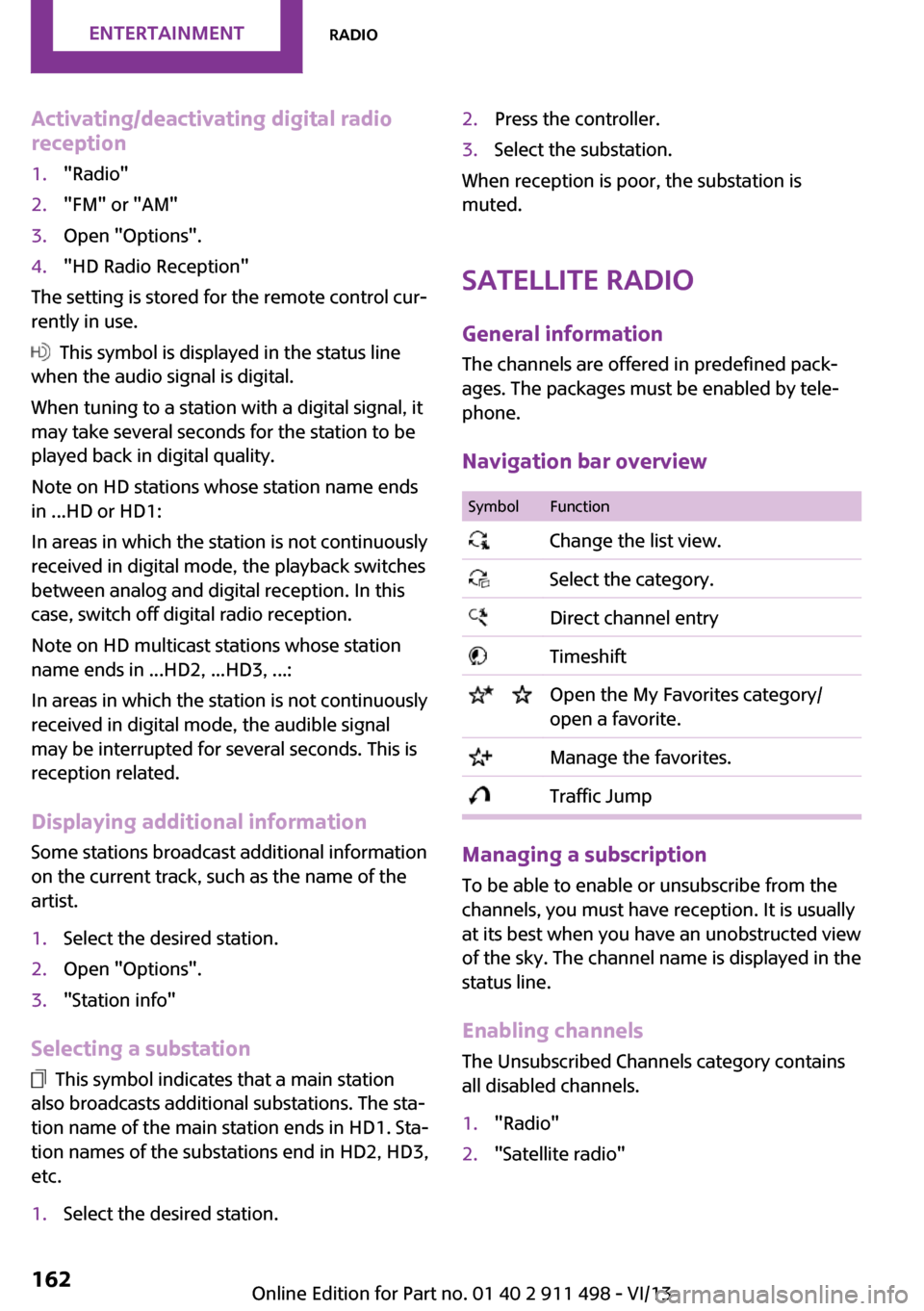 MINI Roadster 2014  Owners Manual (Mini Connected) Activating/deactivating digital radio
reception1."Radio"2."FM" or "AM"3.Open "Options".4."HD Radio Reception"
The setting is stored for the remote control cur‐
rently in use.
  This symbol is displa