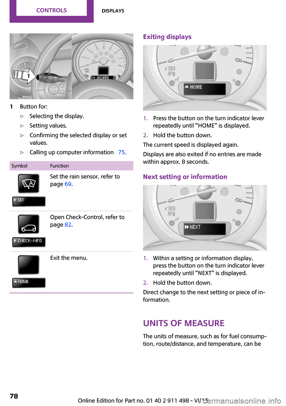 MINI Roadster 2014   (Mini Connected) Manual PDF 1Button for:▷Selecting the display.▷Setting values.▷Confirming the selected display or set
values.▷Calling up computer information   75.SymbolFunctionSet the rain sensor, refer to
page  69