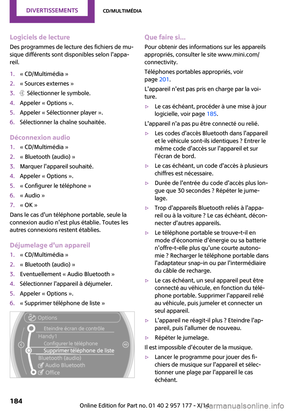 MINI Roadster 2014  Manuel du propriétaire (in French) Logiciels de lectureDes programmes de lecture des fichiers de mu‐
sique différents sont disponibles selon lappa‐
reil.1.« CD/Multimédia »2.« Sources externes »3.  Sélectionner le symbole.4