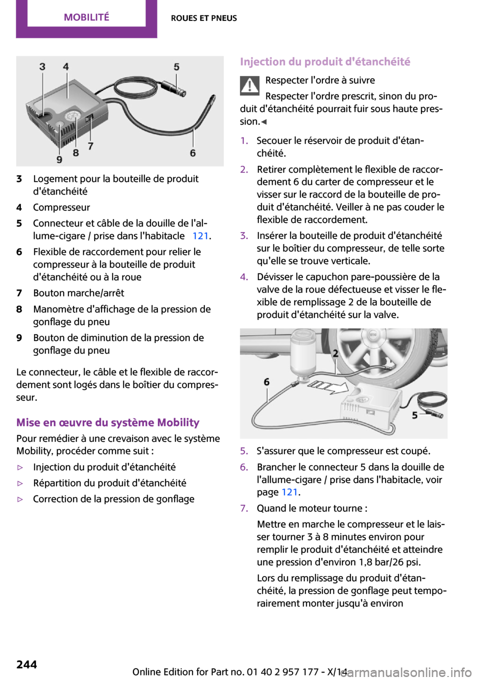 MINI Roadster 2014 Manuel du propriétaire (in French) 3Logement pour la bouteille de produit
détanchéité4Compresseur5Connecteur et câble de la douille de lal‐
lume-cigare / prise dans lhabitacle 121.6Flexible de raccordement pour relier le MINI Roadster 2014 Manuel du propriétaire (in French) 3Logement pour la bouteille de produit
détanchéité4Compresseur5Connecteur et câble de la douille de lal‐
lume-cigare / prise dans lhabitacle 121.6Flexible de raccordement pour relier le