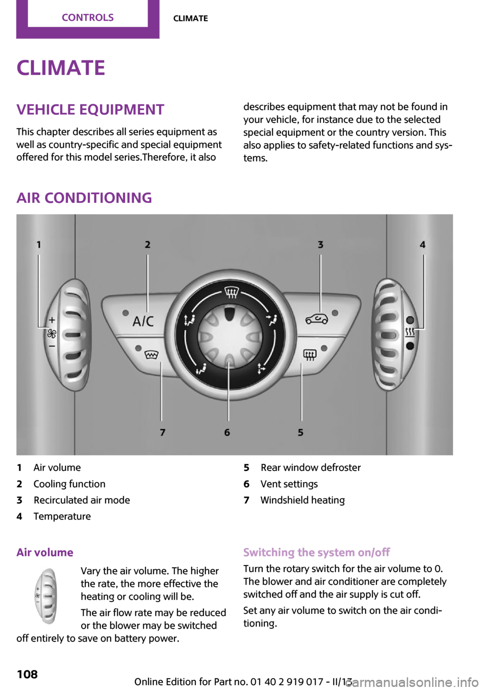 MINI Roadster 2013 Owners Manual ClimateVehicle equipment
This chapter describes all series equipment as
well as country-specific and special equipment
offered for this model series.Therefore, it alsodescribes equipment that may not MINI Roadster 2013 Owners Manual ClimateVehicle equipment
This chapter describes all series equipment as
well as country-specific and special equipment
offered for this model series.Therefore, it alsodescribes equipment that may not