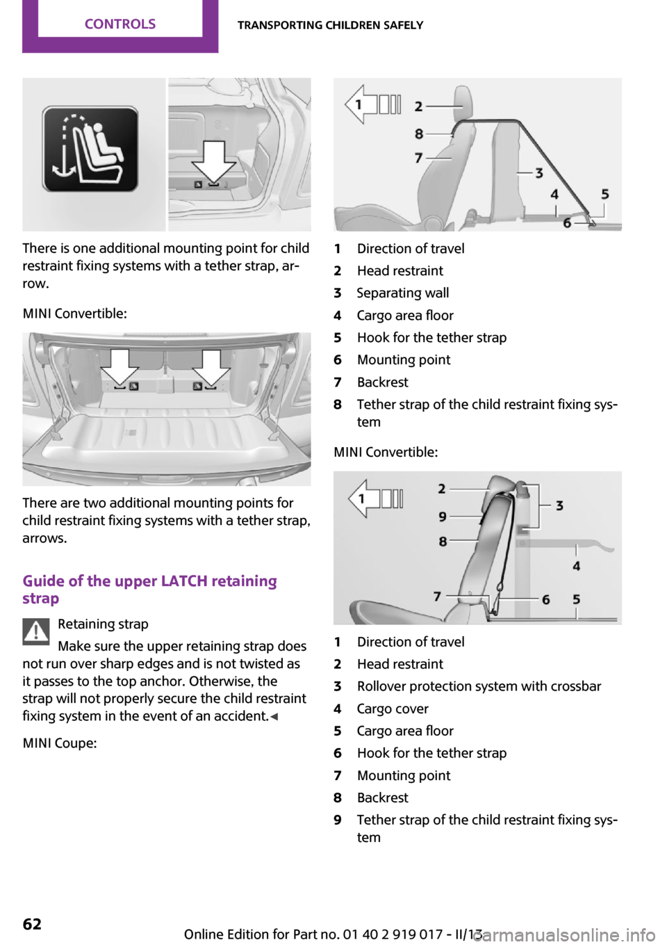 MINI Roadster 2013 Repair Manual There is one additional mounting point for child
restraint fixing systems with a tether strap, ar‐
row.
MINI Convertible:
There are two additional mounting points for
child restraint fixing systems MINI Roadster 2013 Repair Manual There is one additional mounting point for child
restraint fixing systems with a tether strap, ar‐
row.
MINI Convertible:
There are two additional mounting points for
child restraint fixing systems