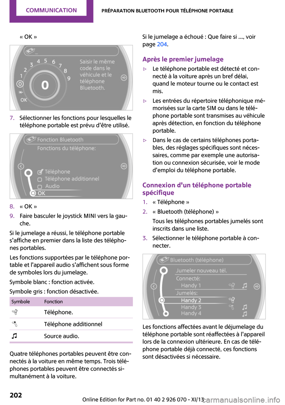 MINI Roadster 2013 Manuel du propriétaire (in French) « OK »7.Sélectionner les fonctions pour lesquelles le
téléphone portable est prévu dêtre utilisé.8.« OK »9.Faire basculer le joystick MINI vers la gau‐
che.
Si le jumelage a réussi, le t MINI Roadster 2013 Manuel du propriétaire (in French) « OK »7.Sélectionner les fonctions pour lesquelles le
téléphone portable est prévu dêtre utilisé.8.« OK »9.Faire basculer le joystick MINI vers la gau‐
che.
Si le jumelage a réussi, le t