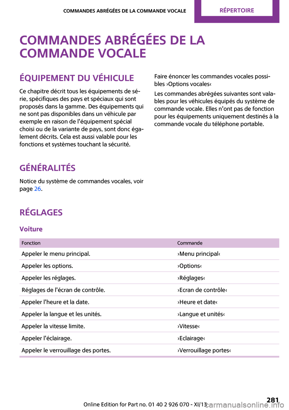 MINI Roadster 2013 Manuel du propriétaire (in French) Commandes abrégées de la
commande vocaleÉquipement du véhicule
Ce chapitre décrit tous les équipements de sé‐
rie, spécifiques des pays et spéciaux qui sont
proposés dans la gamme. Des éq MINI Roadster 2013 Manuel du propriétaire (in French) Commandes abrégées de la
commande vocaleÉquipement du véhicule
Ce chapitre décrit tous les équipements de sé‐
rie, spécifiques des pays et spéciaux qui sont
proposés dans la gamme. Des éq