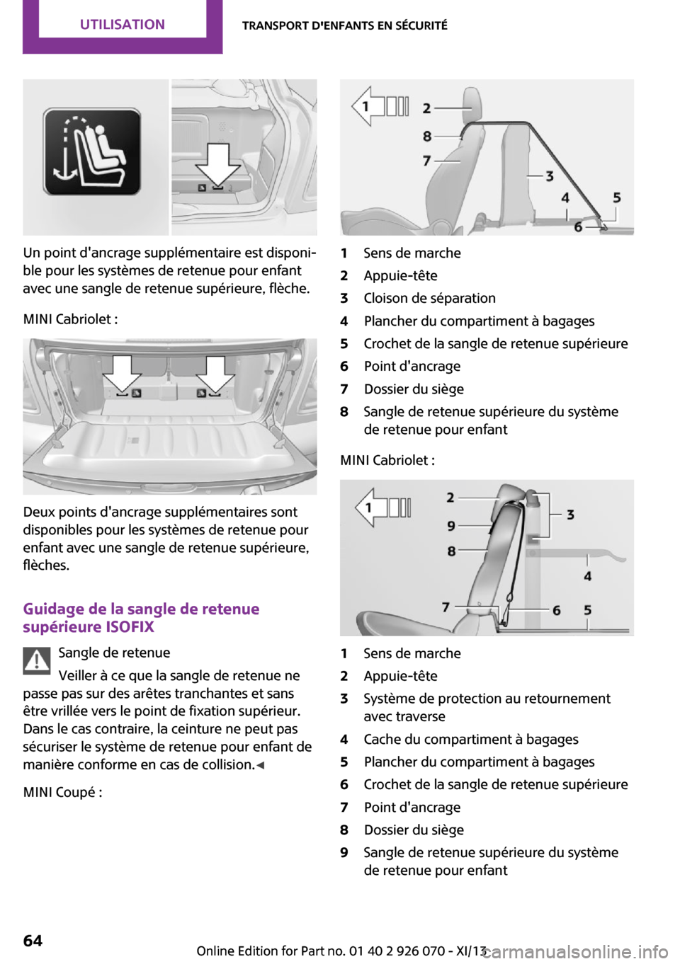 MINI Roadster 2013  Manuel du propriétaire (in French) Un point dancrage supplémentaire est disponi‐
ble pour les systèmes de retenue pour enfant
avec une sangle de retenue supérieure, flèche.
MINI Cabriolet :
Deux points dancrage supplémentaires