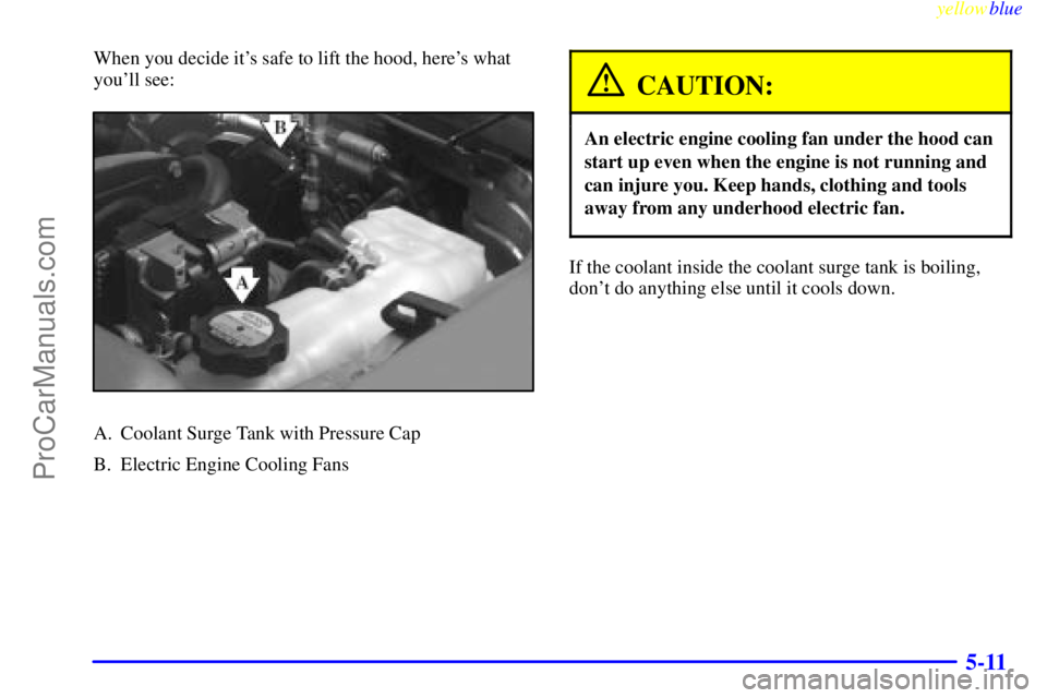 OLDSMOBILE ALERO 1999  Owners Manual yellowblue     
5-11
When you decide its safe to lift the hood, heres what
youll see:
A. Coolant Surge Tank with Pressure Cap
B. Electric Engine Cooling Fans
CAUTION:
An electric engine cooling fan