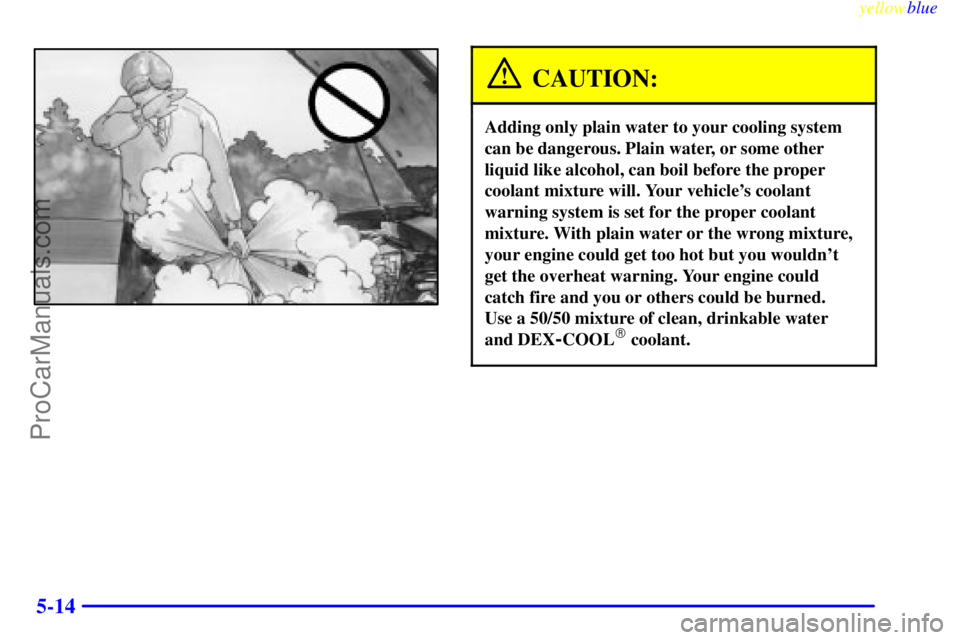 OLDSMOBILE ALERO 1999  Owners Manual yellowblue     
5-14
CAUTION:
Adding only plain water to your cooling system
can be dangerous. Plain water, or some other
liquid like alcohol, can boil before the proper
coolant mixture will. Your veh