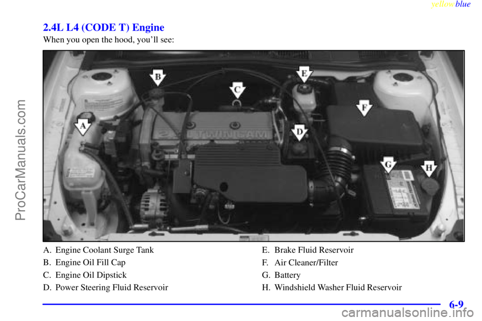 OLDSMOBILE ALERO 1999  Owners Manual yellowblue     
6-9 2.4L L4 (CODE T) Engine
When you open the hood, youll see:
A. Engine Coolant Surge Tank
B. Engine Oil Fill Cap
C. Engine Oil Dipstick
D. Power Steering Fluid ReservoirE. Brake Flu