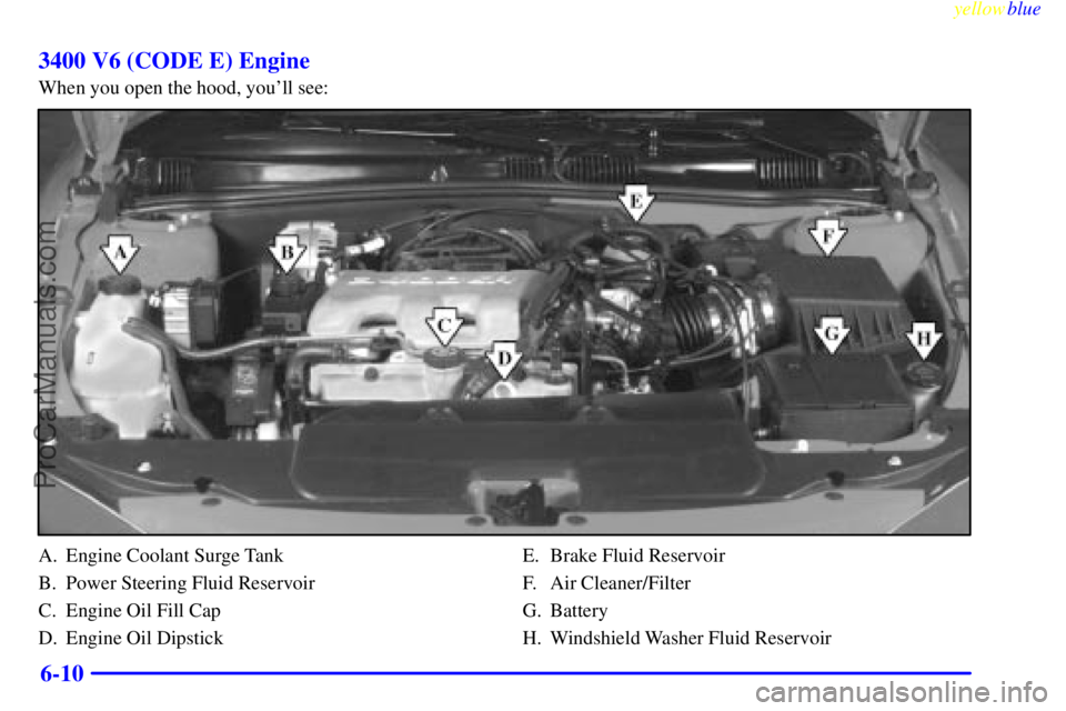 OLDSMOBILE ALERO 1999  Owners Manual yellowblue     
6-10 3400 V6 (CODE E) Engine
When you open the hood, youll see:
A. Engine Coolant Surge Tank
B. Power Steering Fluid Reservoir
C. Engine Oil Fill Cap
D. Engine Oil DipstickE. Brake Fl