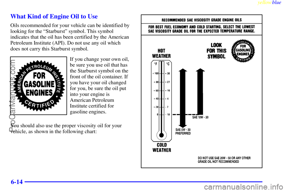 OLDSMOBILE ALERO 1999  Owners Manual yellowblue     
6-14 What Kind of Engine Oil to Use
Oils recommended for your vehicle can be identified by
looking for the ªStarburstº symbol. This symbol
indicates that the oil has been certified b