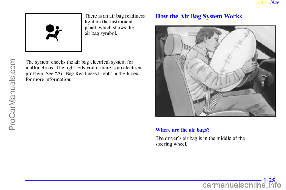 OLDSMOBILE ALERO 1999 Owners Guide yellowblue     
1-25
There is an air bag readiness
light on the instrument
panel, which shows the 
air bag symbol.
The system checks the air bag electrical system for
malfunctions. The light tells you