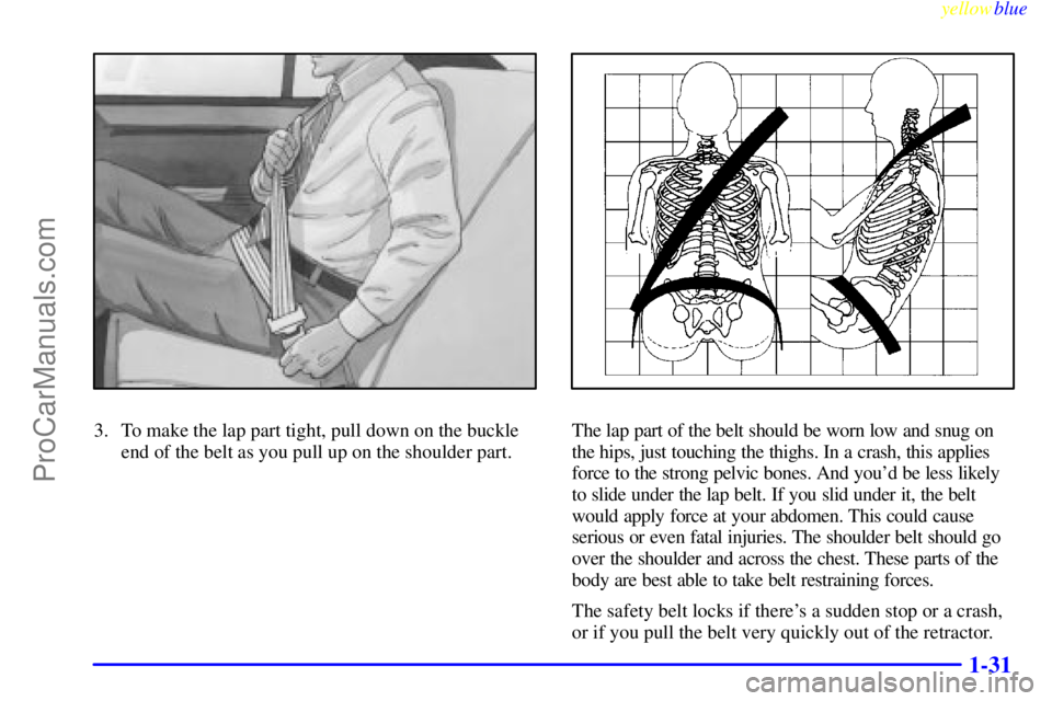 OLDSMOBILE ALERO 1999 Owners Guide yellowblue     
1-31
3. To make the lap part tight, pull down on the buckle
end of the belt as you pull up on the shoulder part.The lap part of the belt should be worn low and snug on
the hips, just t