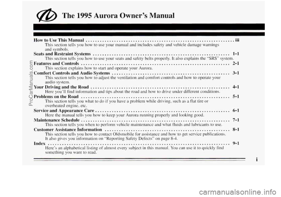 OLDSMOBILE AURORA 1995  Owners Manual @ The 1995 Aurora  Owner’s  Manual 
... How to Use This Manual .............................................................. .111 
This  section tells you how to  use  your  manual  at~d includes s