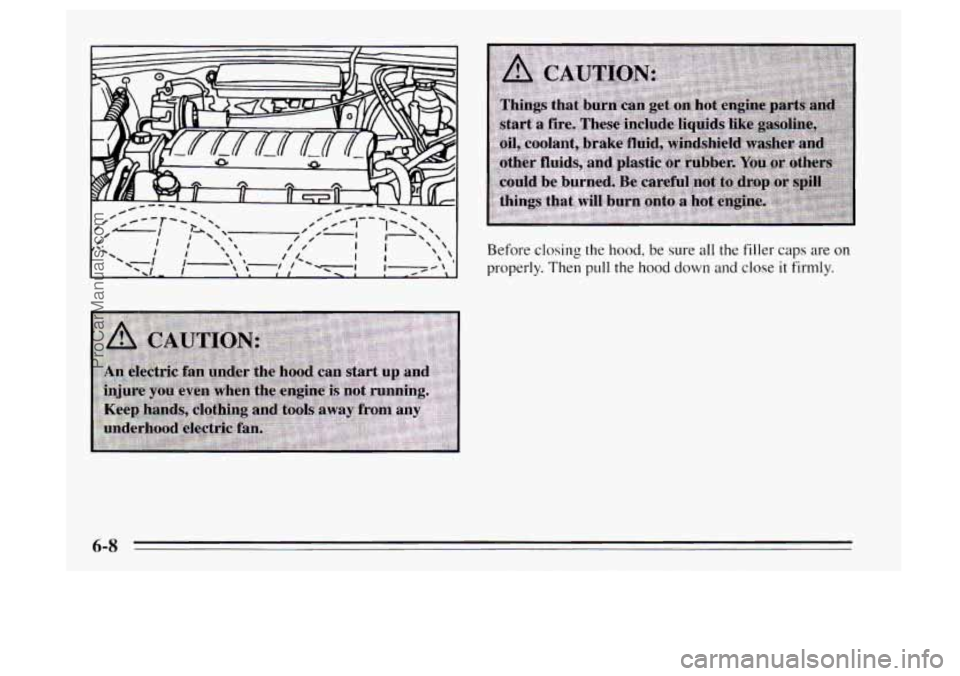 OLDSMOBILE AURORA 1995  Owners Manual Before closing  the hood, be sure all  the filler caps are on 
properly.  Then pull  the  hood down and close it firmly. 
6-8 
ProCarManuals.com 