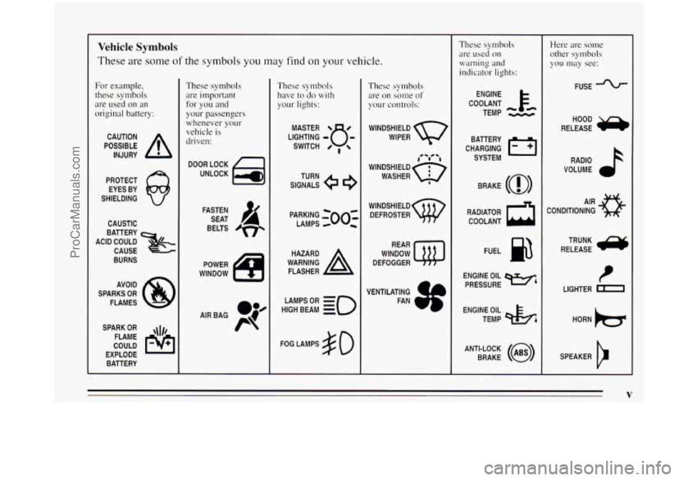 OLDSMOBILE AURORA 1995  Owners Manual Vehicle Symbols 
These are some of the symbols you may find on your vehicle. 
For  example, 
these  symbols 
are  used  on  an 
original  battery: 
POSSIBLE A 
CAUTION 
INJURY 
PROTECT  EYES  BY 
SHIE