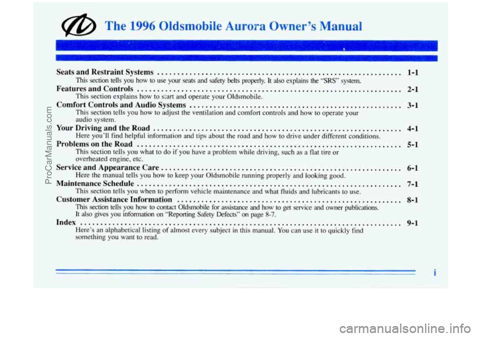 OLDSMOBILE AURORA 1996  Owners Manual Seats and  Kestraint  Systems ............................................................. 1-1 
Features  and  Controls .................................................................. 2-1 
Comfort