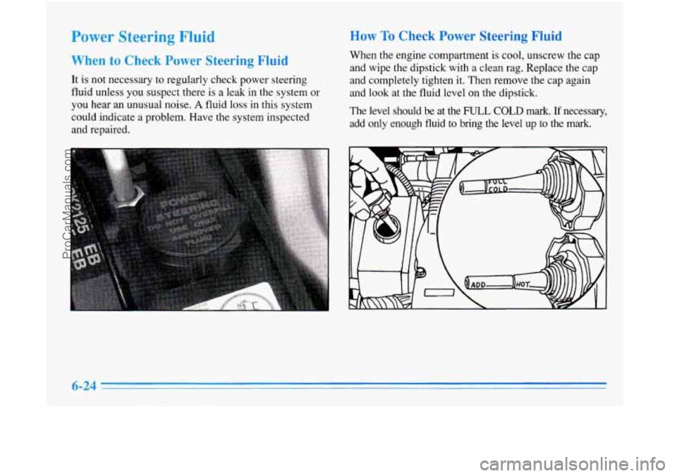 OLDSMOBILE AURORA 1996  Owners Manual Power Steering Fluid 
When to  Check  Power  Steering Fluid 
It  is  not  necessary to regularly  check  power  steering 
fluid  unless  you  suspect  there is  a  leak  in  the  system  or 
you  hear