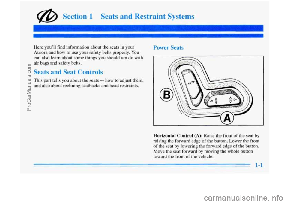 OLDSMOBILE AURORA 1996  Owners Manual @ Section 1 Seats  and  Restraint Systems 
Here you’ll find information about the seats in your 
Aurora and  how to use your safety belts  properly. You 
can  also  learn about some things  you shou