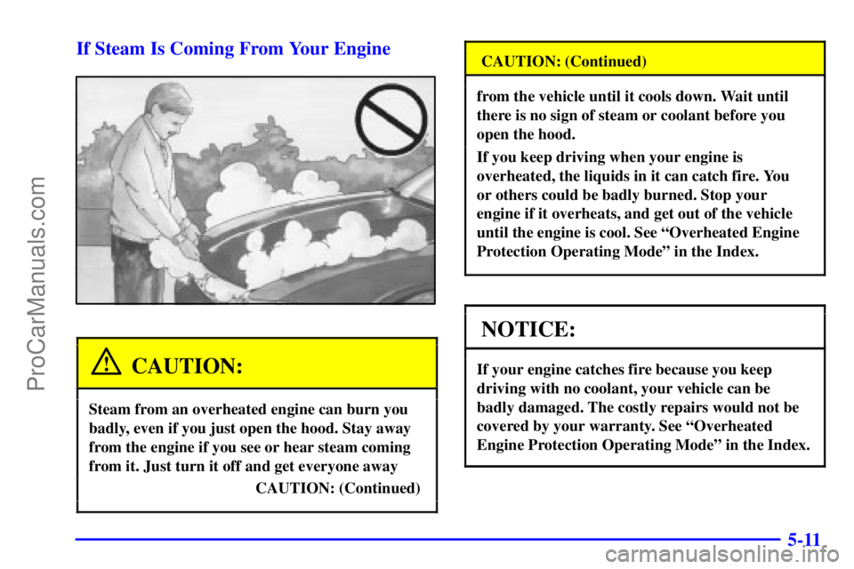 OLDSMOBILE AURORA 2002  Owners Manual 5-11 If Steam Is Coming From Your Engine
CAUTION:
Steam from an overheated engine can burn you
badly, even if you just open the hood. Stay away
from the engine if you see or hear steam coming
from it.