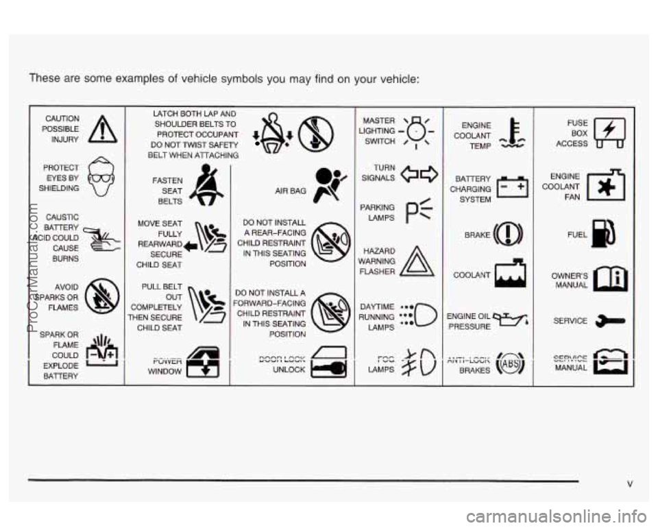 OLDSMOBILE AURORA 2003  Owners Manual These  are  some  examples of vehicle symbols  you may find  on your  vehicle: 
POSSIBLE A 
CAUTION 
INJURY 
PROTECT  EYES  BY 
SHIELDING 
CAUSTIC 
BATERY 
4ClD  COULD  CAUSE 
BURNS 
AVO  ID 
SPARKS  